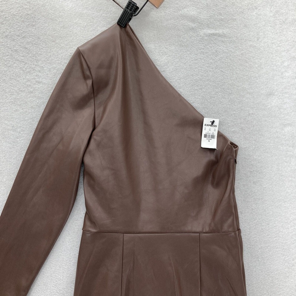 Express Brown Faux‎ Leather One Shoulder Bodycon Dress XS Long Sleeve Party NWT - Picture 12 of 14